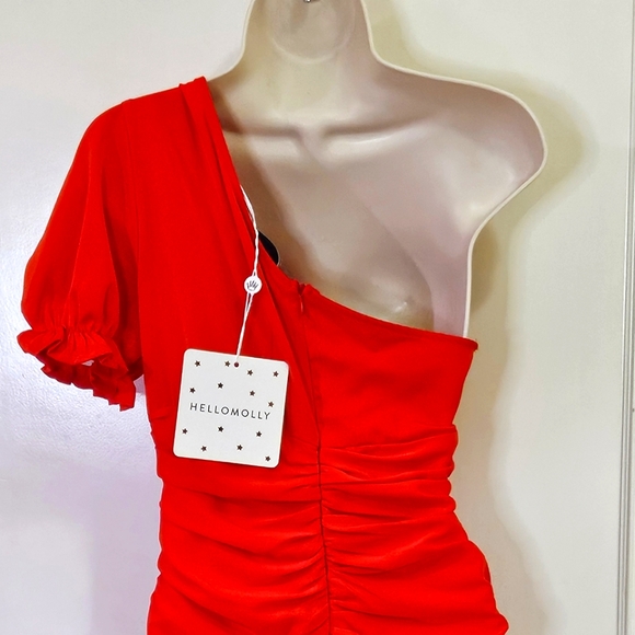 Hello Molly "Not Fair On Me" Red One Shoulder Ruched Ruffle Dress,Large,NWT - Picture 6 of 15